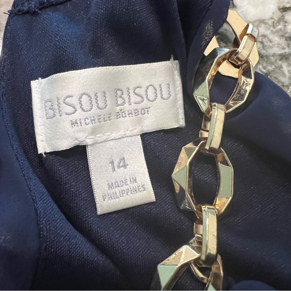 Bisou Bisou Navy Pleated Halter, Maxi 14 Chiffon Gold Chain Neck Summer Wedding - Picture 5 of 7